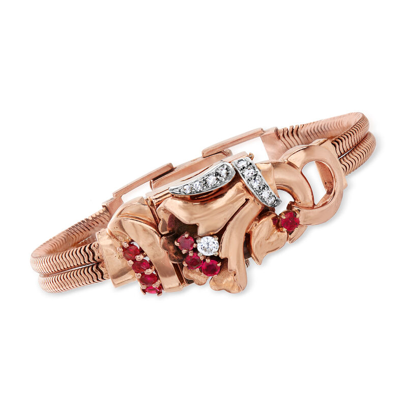 C. 1930 Vintage .73 ct. t.w. Ruby and .32 ct. t.w. Diamond Foldover Watch in 14kt Rose Gold image number 0