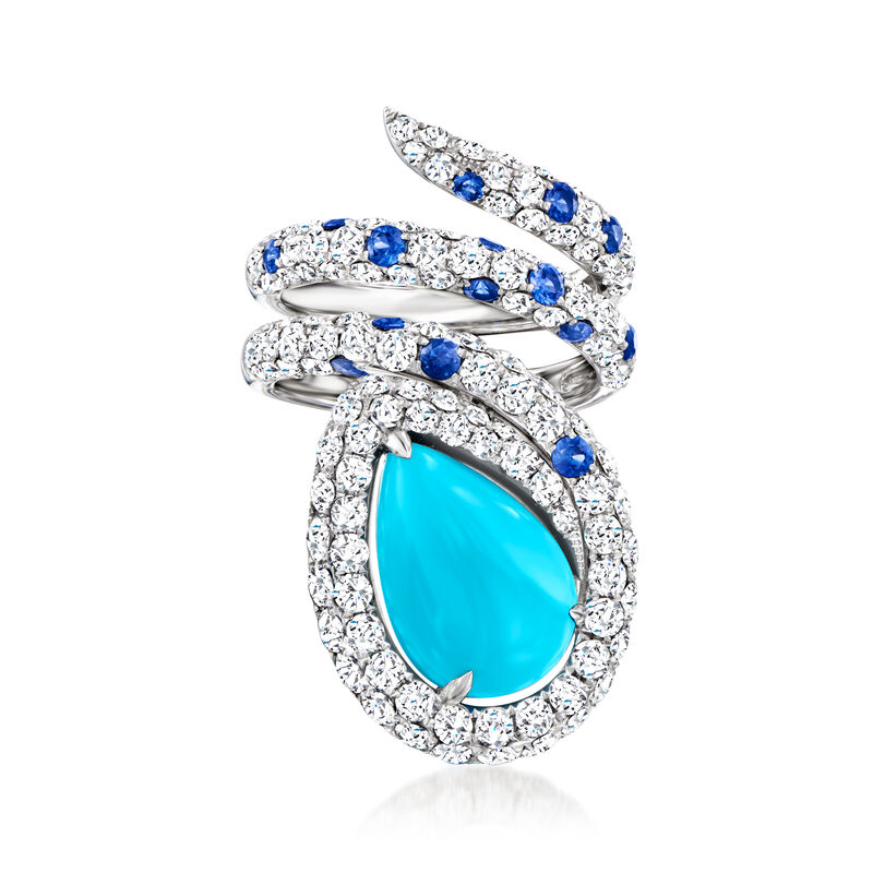 Turquoise and 4.00 ct. t.w. Diamond Wrap Ring with .80 ct. t.w. Sapphires in 18kt White Gold image number 0