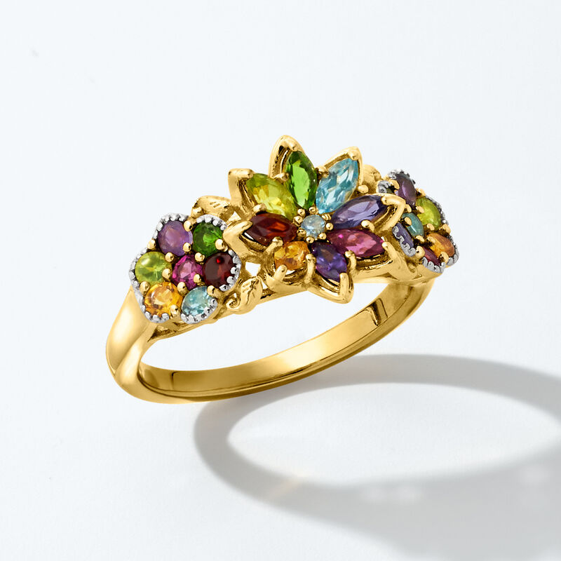 1.34 ct. t.w. Multi-Gemstone Floral Ring in 18kt Gold Over Sterling image number 4