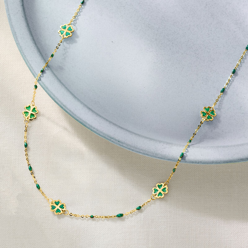Italian Green Enamel Clover Station Necklace in 14kt Yellow Gold. 18" image number 2