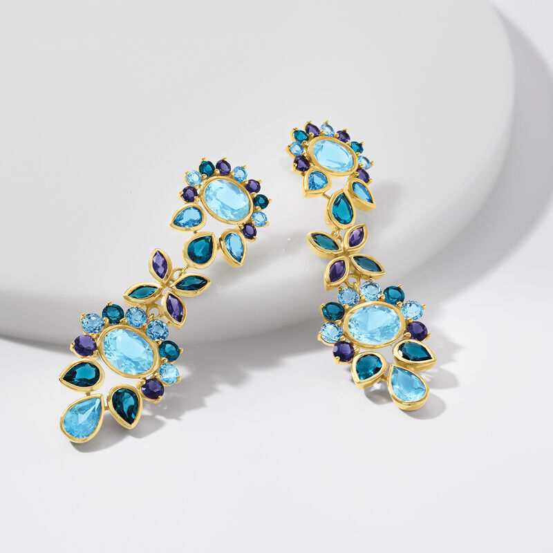 24.30 ct. t.w. Tonal Blue Topaz and 2.30 ct. t.w. Iolite Drop Earrings in 18kt Gold Over Sterling image number 2
