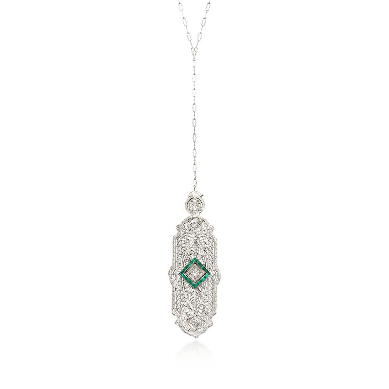 C. 1950 Vintage .20 ct. t.w. Synthetic Emerald and .25 ct. t.w. Diamond Pin Pendant Necklace in 14kt White Gold. 22&quot; image number 1