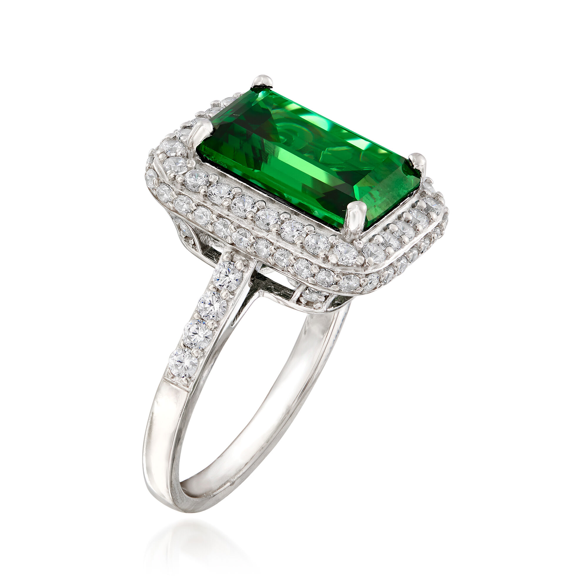 Emerald-Cut Simulated Emerald and .85 ct. t.w. CZ Ring in Sterling