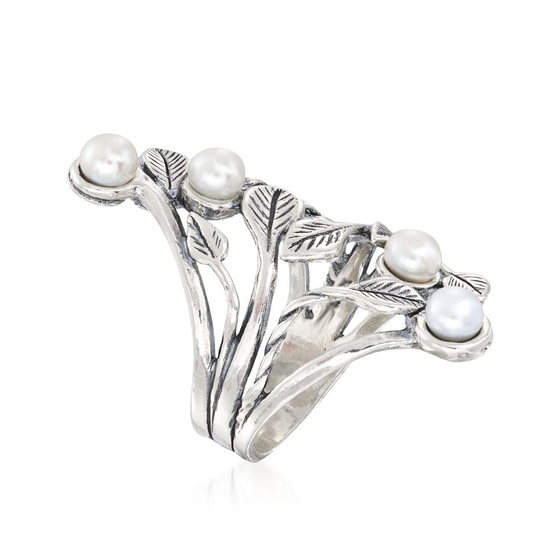 4.5-5mm Cultured Pearl Open-Space Leaf Ring in Sterling Silver image number 2