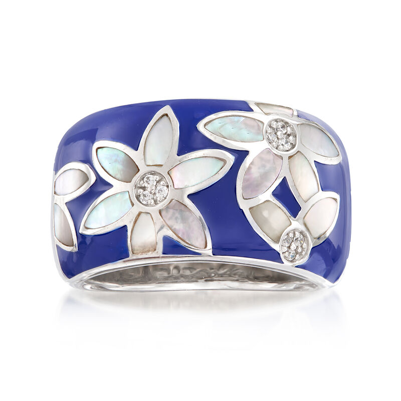 Belle Etoile &quot;Moonflower&quot; Blue Enamel and Mother-of-Pearl Ring with CZ Accents in Sterling Silver. Size 7 image number 0