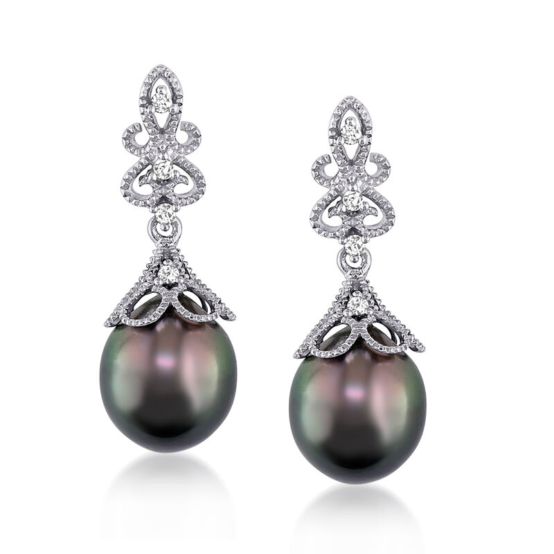 9-9.5mm Black Cultured Tahitian Pearl and Diamond-Accented Drop Earrings in 14kt White Gold image number 0