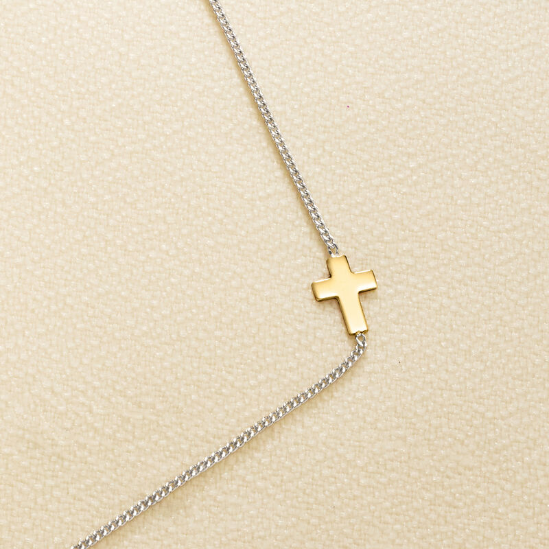 Italian 14kt Yellow Gold Sideways Cross and Sterling Silver Curb-Link Necklace. 16&quot; image number 2