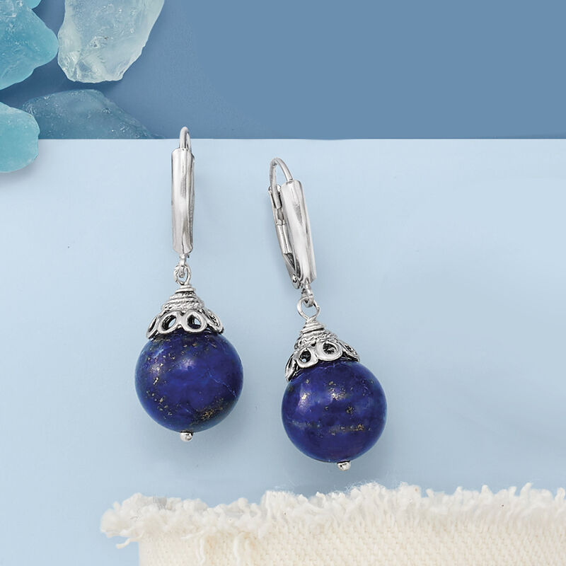 11.5-12mm Lapis Bead Drop Earrings in Sterling Silver image number 2