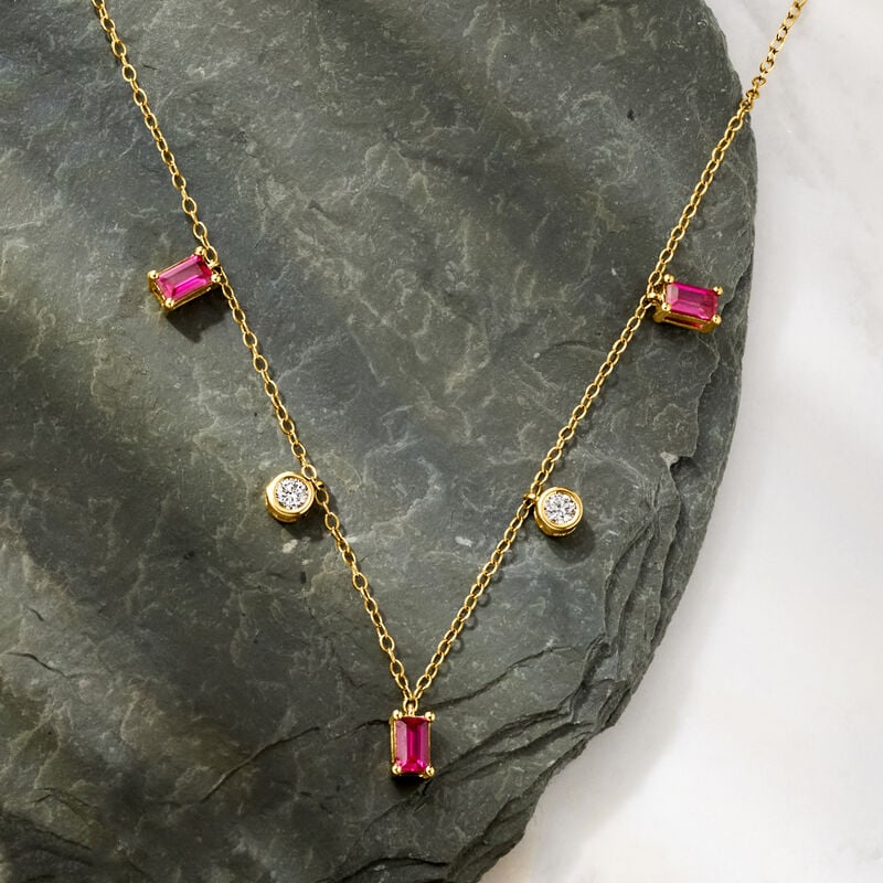 .90 ct. t.w. Lab-Grown Ruby and .20 ct. t.w. Lab-Grown Diamond Station Necklace in 18kt Gold Vermeil. 16" image number 2