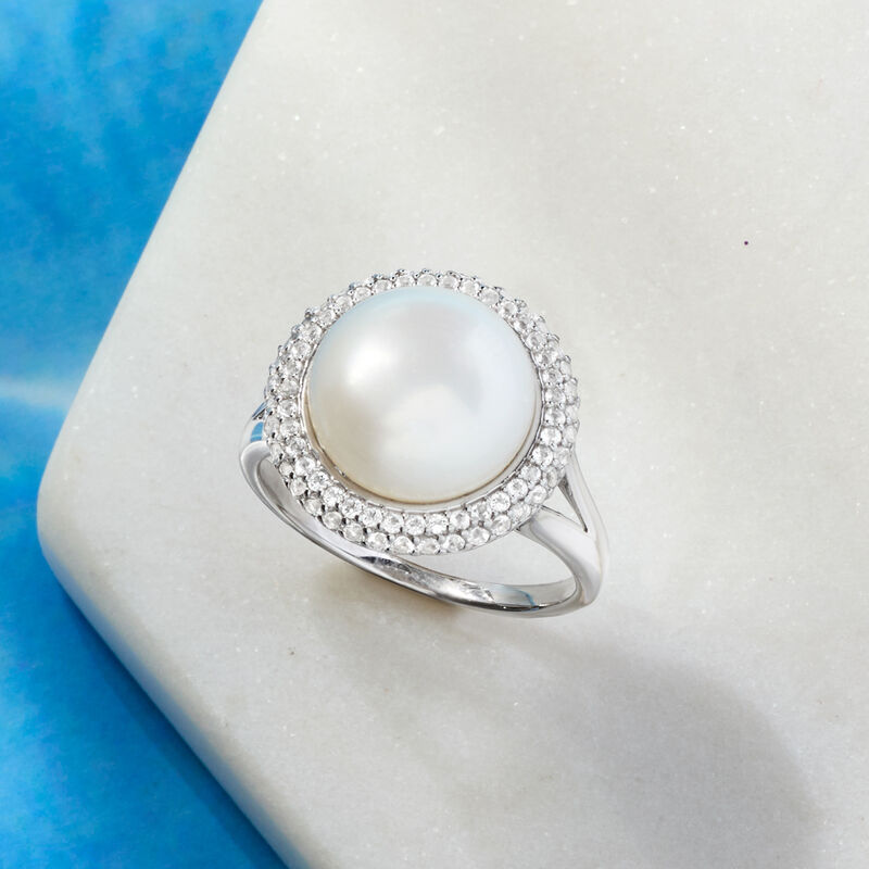 12-12.5mm Cultured Pearl and .90 ct. t.w. White Topaz Ring in Sterling Silver image number 3