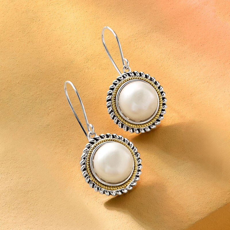 10.5-11mm Cultured Pearl Roped-Edge Drop Earrings in Sterling Silver and 14kt Yellow Gold image number 2
