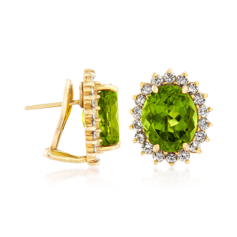 C. 1980 Vintage 11.10 Peridot and 1.60 ct. t.w. Diamond Earrings in 14kt Yellow Gold image number 2