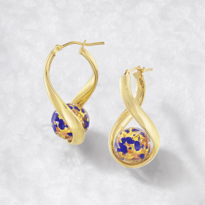 Italian Blue Murano Glass Bead Twisted Hoop Earrings in 18kt Gold Over Sterling. 1 1/4&quot; image number 4