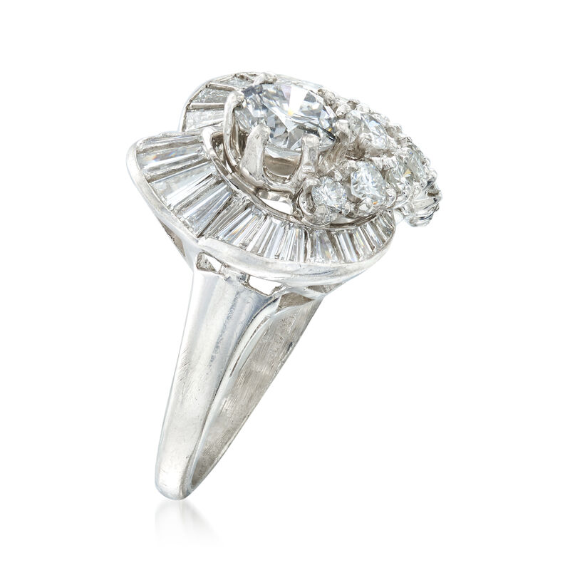 C. 1970 Vintage 2.20 ct. t.w. Round and Baguette Diamond Ring in Platinum image number 2