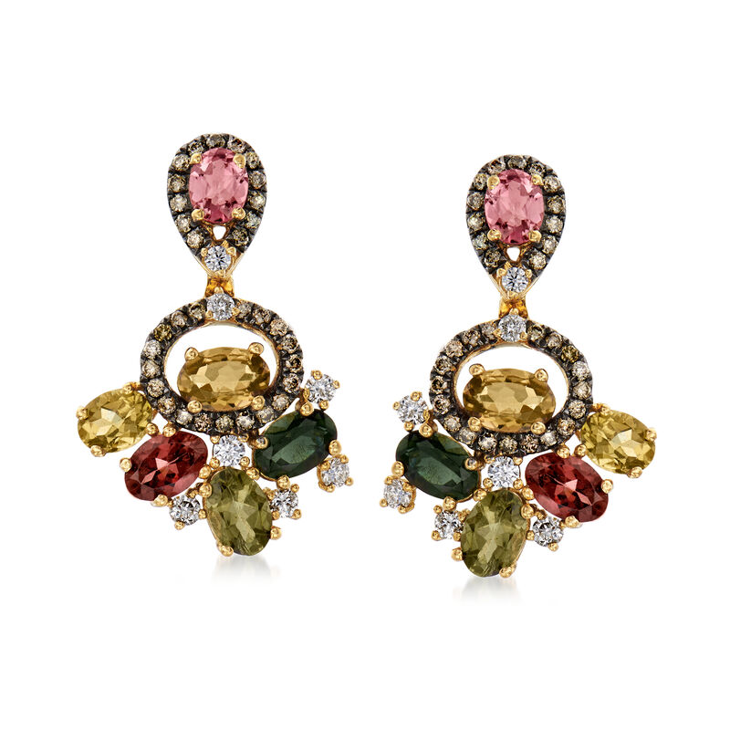 5.00 ct. t.w. Multicolored Tourmaline and .96 ct. t.w. Brown and White Diamond Drop Earrings in 18kt Yellow Gold image number 0