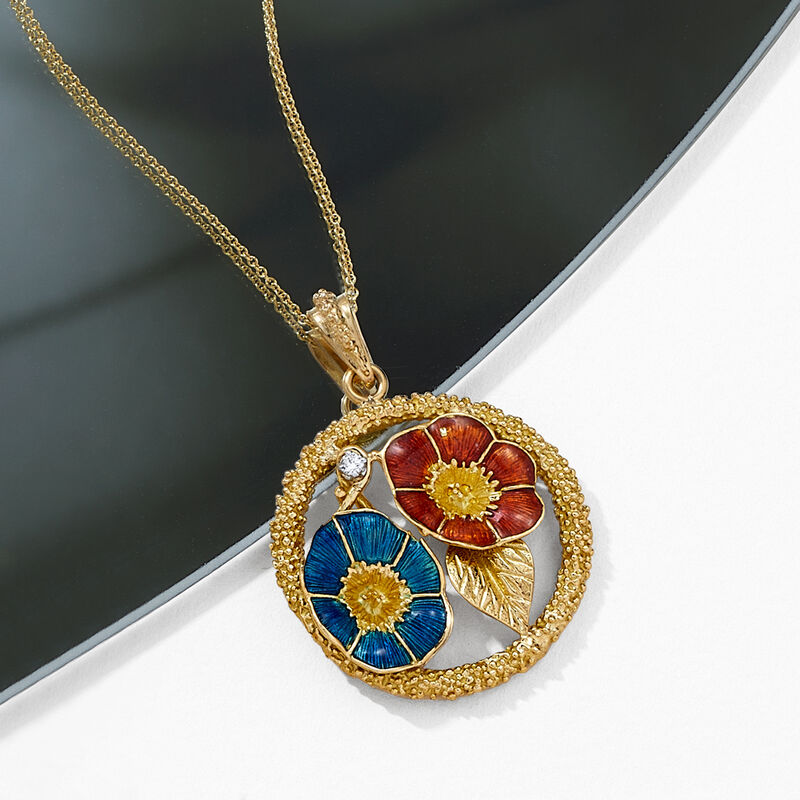 C. 1960 Vintage Merrin Jewelry Blue and Red Enamel Flower Pendant Necklace with Single Diamond in 18kt Yellow Gold image number 2