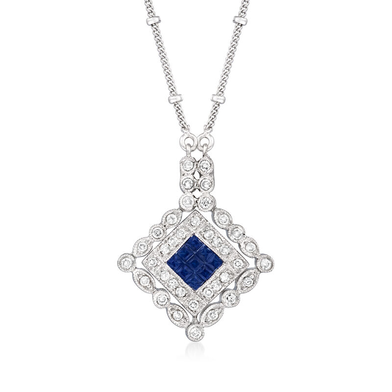 C. 1990 Vintage .35 ct. t.w. Sapphire and .50 ct. t.w. Diamond Pendant Necklace in 14kt White Gold image number 0