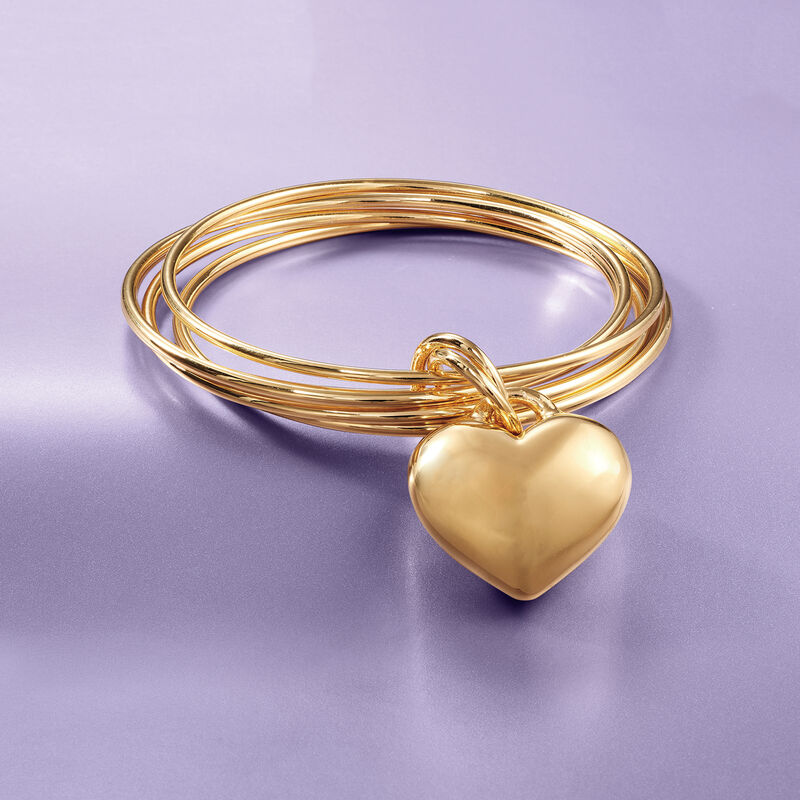 Andiamo Mom & Me Heart Charm Bangle Bracelet Set of 2 in 14kt Yellow Gold and 14kt Gold Over Resin. 7&quot; image number 5