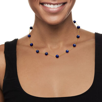 8mm Lapis Bead Station Necklace in 14kt Yellow Gold