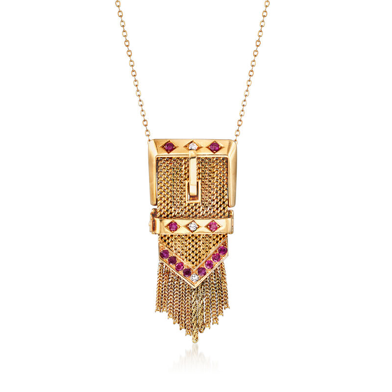 C. 1950 Vintage .95 ct. t.w. Ruby and .15 ct. t.w. Diamond Slide Buckle Pendant Necklace in 14kt Yellow Gold image number 0