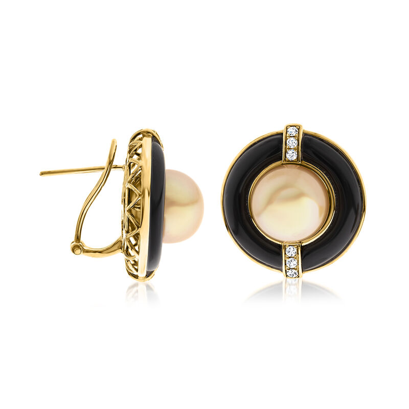 9-12mm Golden Cultured South Sea Pearl Earrings with Onyx and .15 ct. t.w. Diamonds in 14kt Yellow Gold  image number 1