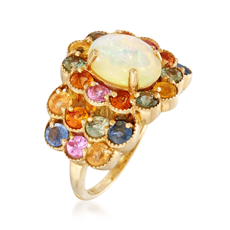 Opal and 3.10 ct. t.w. Multicolored Sapphire Cluster Ring in 14kt Gold Over Sterling image number 2