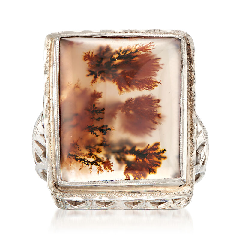 C. 1950 Vintage Moss Agate Ring in 14kt White Gold image number 0