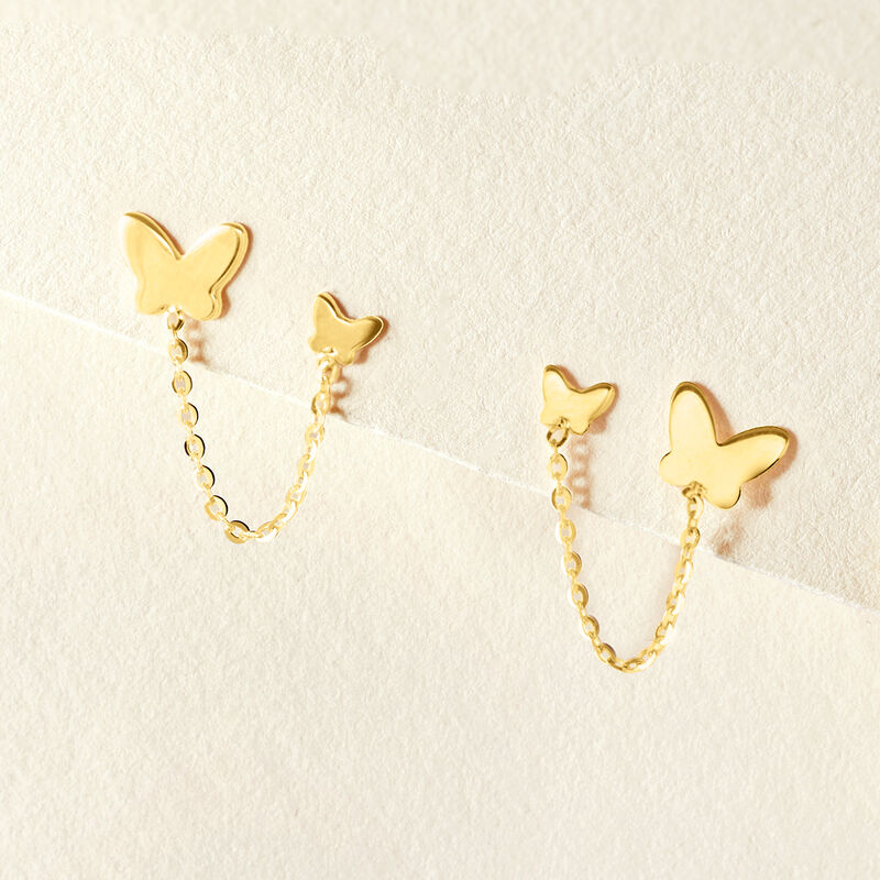 14kt Yellow Gold Double-Piercing Butterfly Chain Earrings image number 1