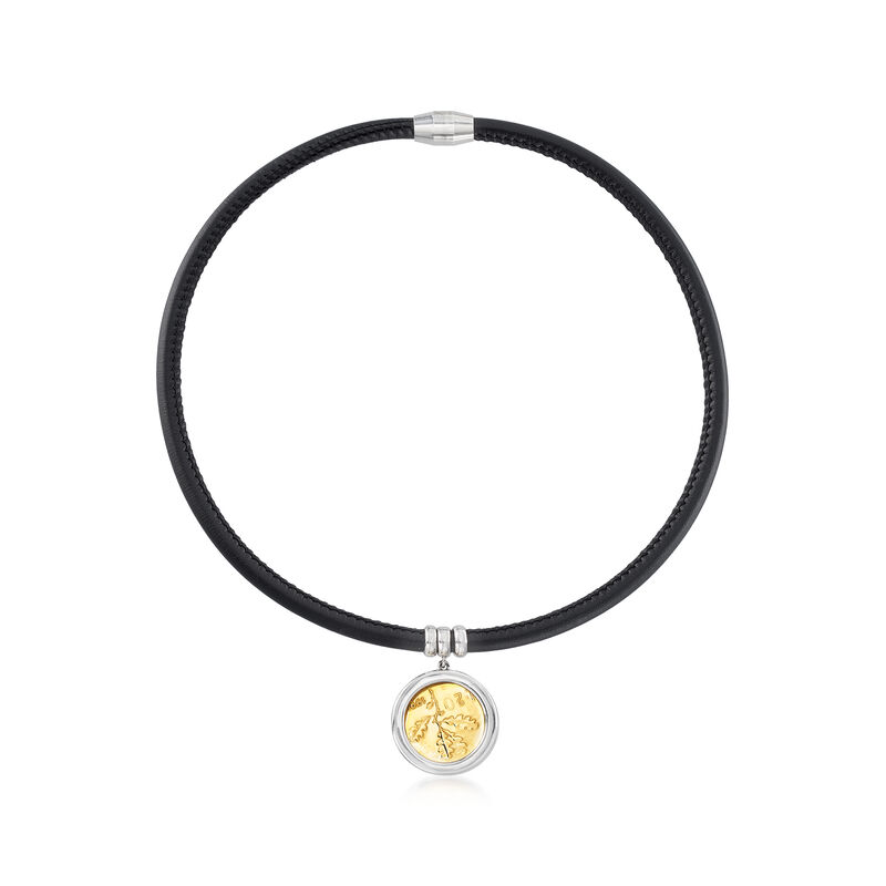 Italian Genuine 20-Lira Coin Charm and Black Leather Bracelet with Sterling Silver image number 5