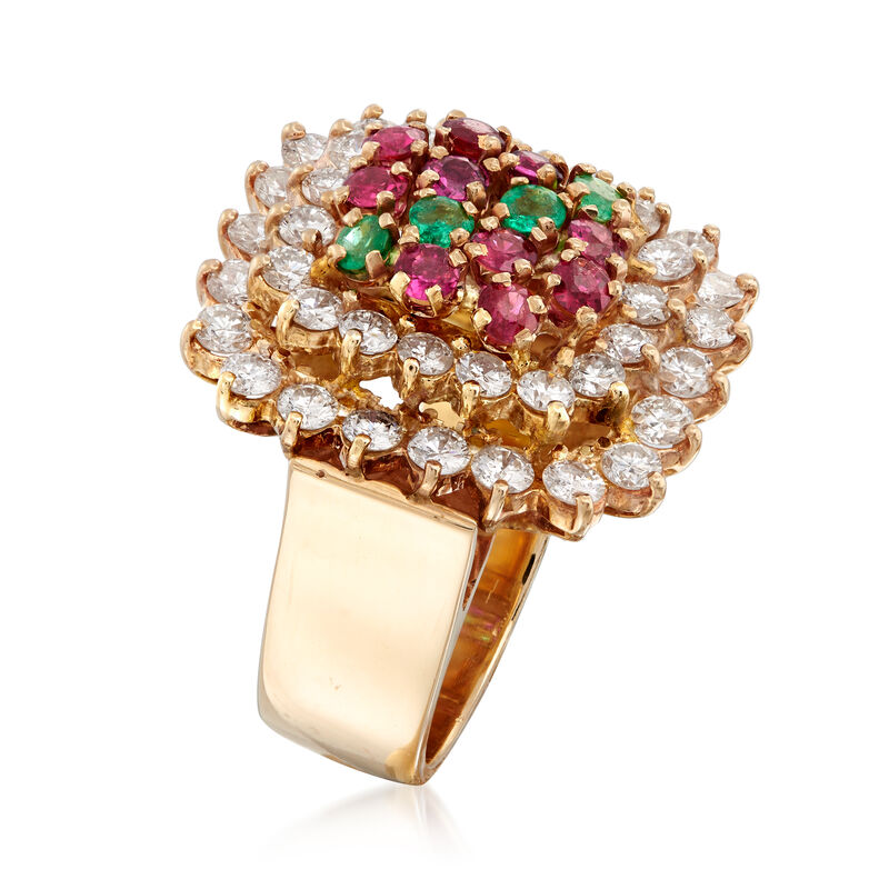 C. 1980 Vintage 2.65 ct. t.w. Diamond, 1.20 ct. t.w. Ruby and .40 ct. t.w. Emerald Ring in 14kt Yellow Gold. Size 9 image number 2