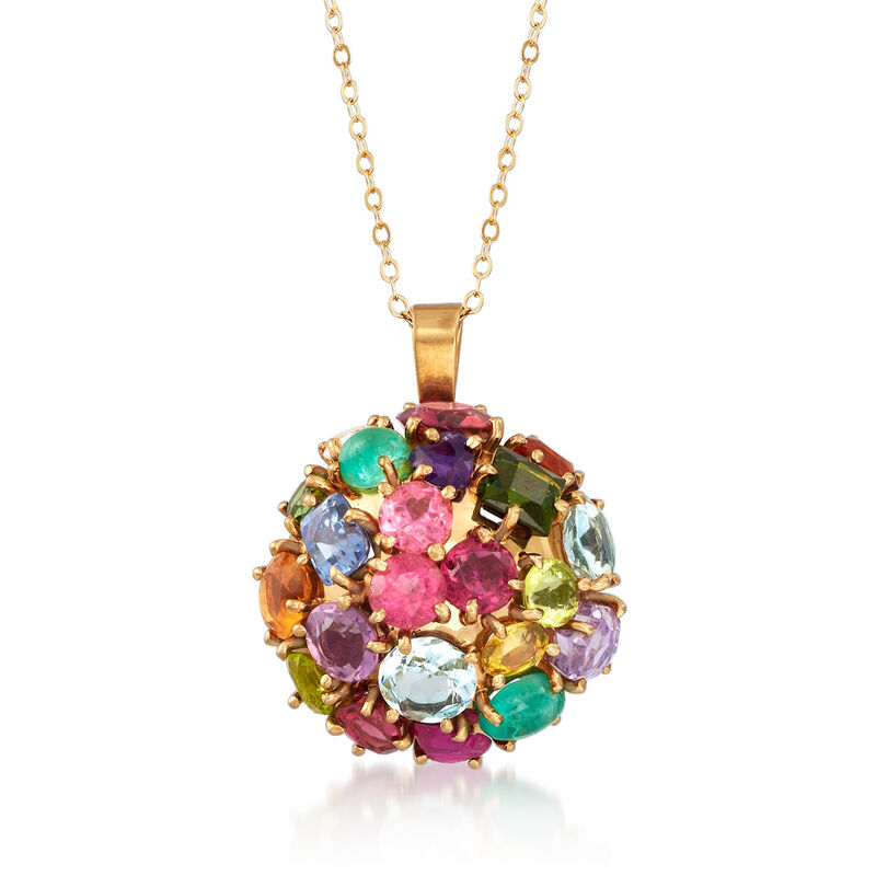 C. 1980 Vintage 10.10 ct. t.w. Multi-Gemstone Ball Pendant Necklace in 14kt Yellow Gold image number 0