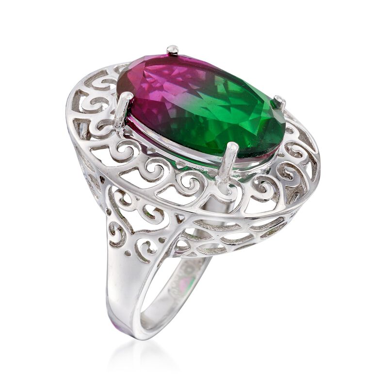 12.00 Carat Watermelon Quartz Triplet Openwork Border Ring in Sterling Silver image number 2