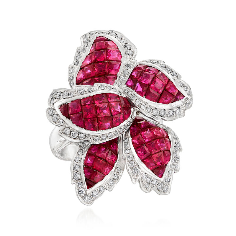 5.20 ct. t.w. Ruby and .60 ct. t.w. Diamond Leaf Ring in 18kt White Gold image number 3