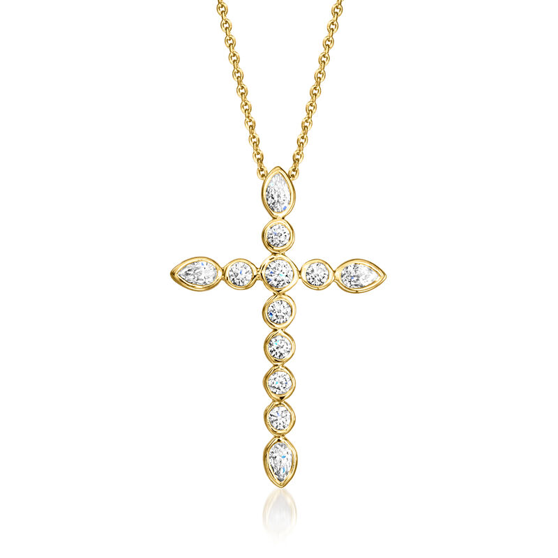 1.00 ct. t.w. Bezel-Set Lab-Grown Diamond Cross Pendant Necklace in 18kt Gold Over Sterling. 18" image number 1