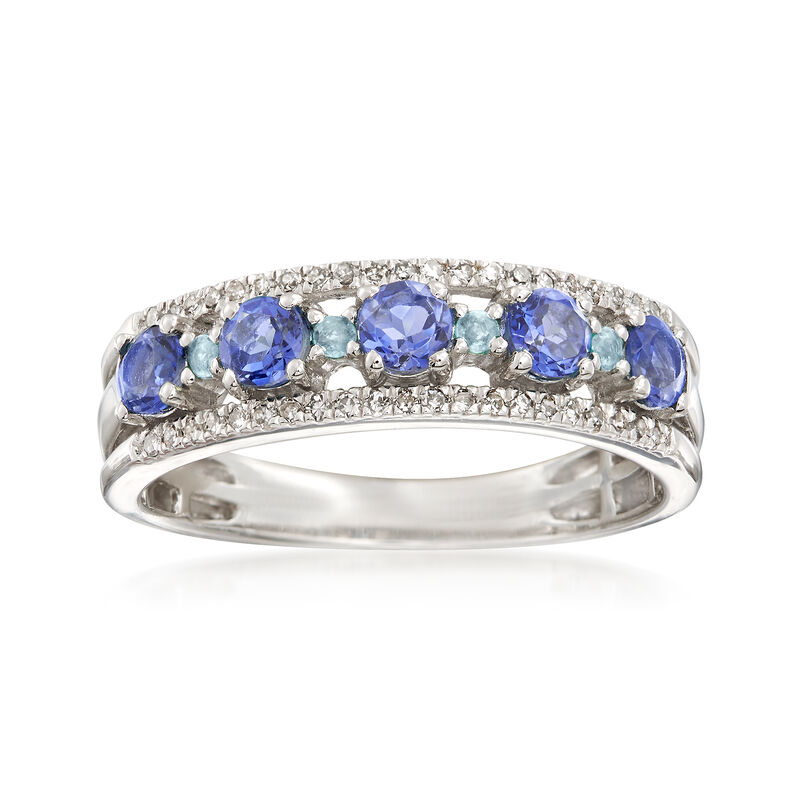 .50 ct. t.w. Tanzanite and .13 ct. t.w. Diamond Ring with Swiss Blue Topaz Accents in Sterling. Size 5 image number 0