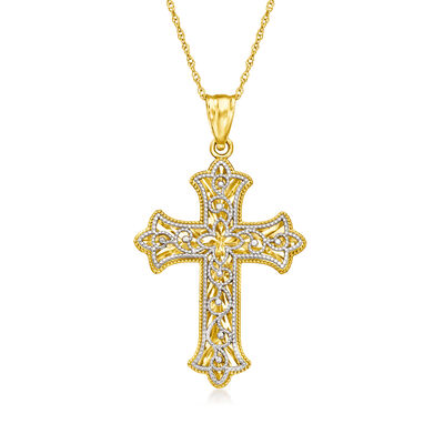 14kt Two-Tone Gold Milgrain Cross Pendant Necklace