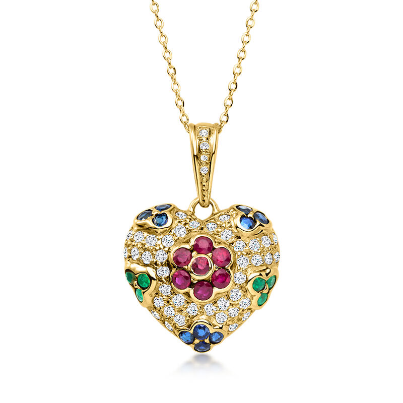 C. 1980 Vintage 1.75 ct. t.w. Multi-Gemstone and 1.00 ct. t.w. Diamond Flower Heart Pendant Necklace in 18kt Yellow Gold. 18" image number 0