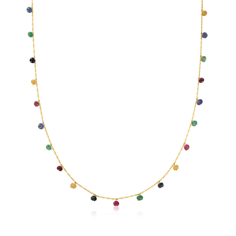 4.10 ct. t.w. Multicolored Sapphire and 1.30 ct. t.w. Ruby Bead Station Necklace in 10kt Yellow Gold image number 0