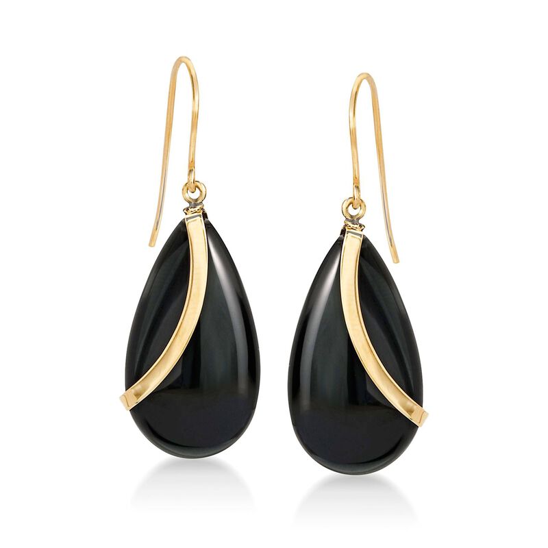 Pear-Shaped Onyx Drop Earrings in 14kt Yellow Gold. Earwire Earrings image number 0
