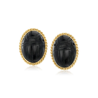 C. 1970 Vintage Onyx Scarab Earrings in 14kt Yellow Gold