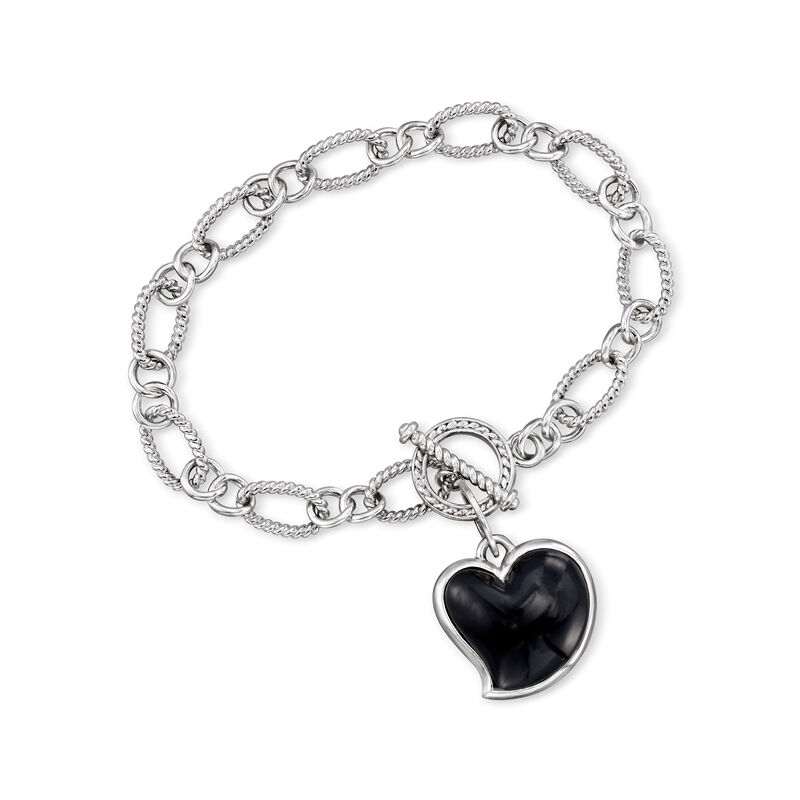 Mother-of-Pearl and Onyx Heart Charm Bracelet in Sterling Silver. 7&quot; image number 2