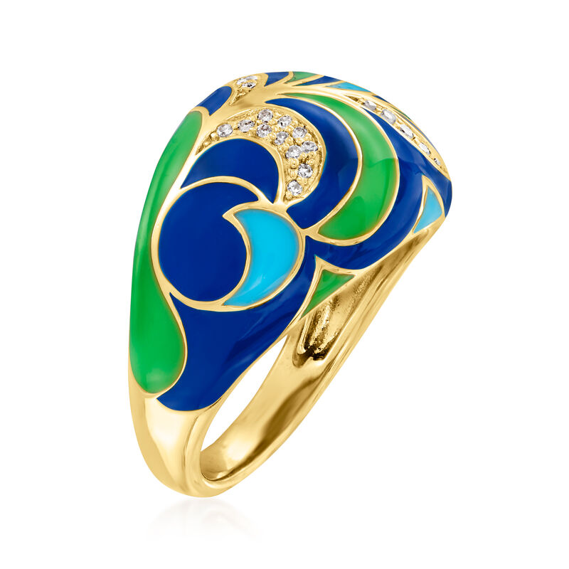 Blue and Green Enamel Ring with Diamond Accents in 18kt Gold Over Sterling image number 2