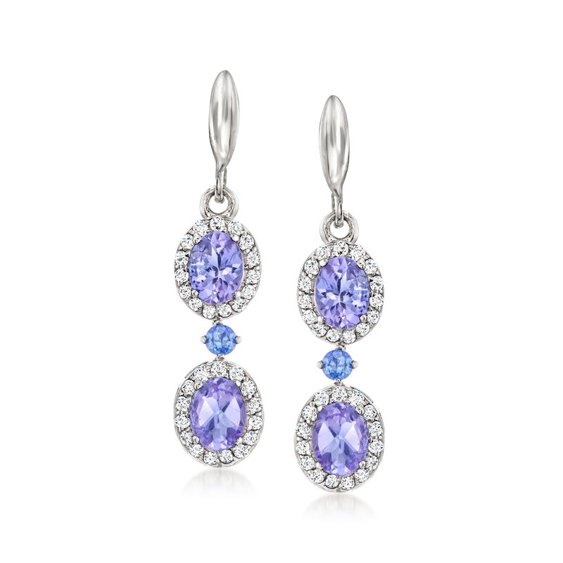 1.50 ct. t.w. Tanzanite and .50 ct. t.w. White Zircon Drop Earrings with .10 ct. t.w. Sapphires in Sterling Silver  image number 0