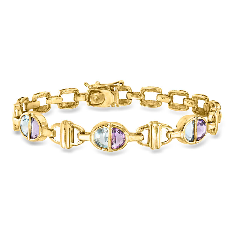 C. 1980 Vintage 2.25 ct. t.w. Sky Blue Topaz and 1.65 ct. t.w. Amethyst Bracelet in 14kt Yellow Gold. 7" image number 0