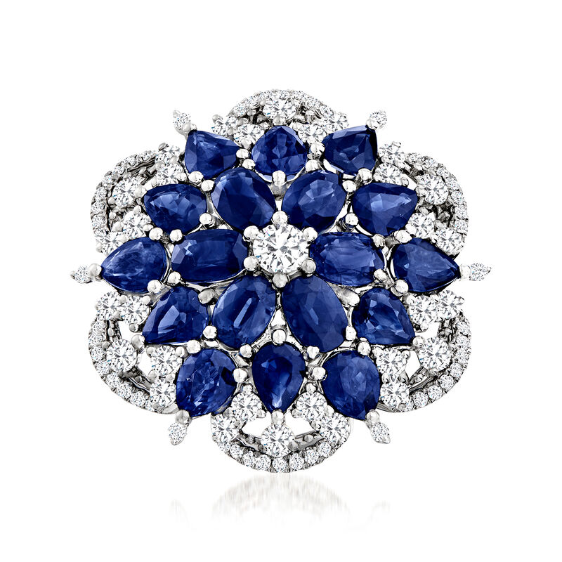 C. 1980 Vintage 7.65 ct. t.w. Sapphire and 1.57 ct. t.w. Diamond Flower Ring in 18kt White Gold image number 0