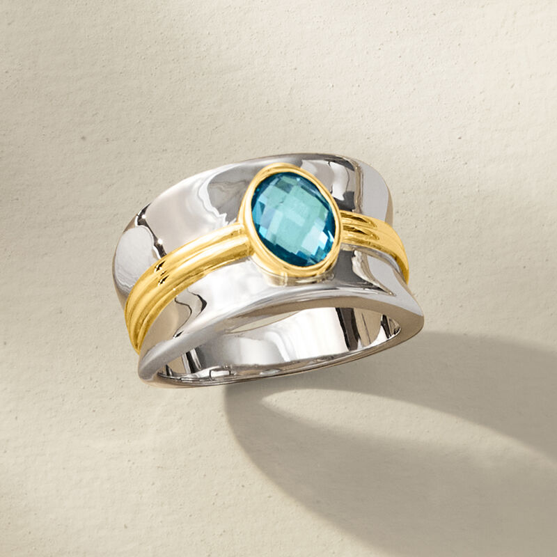1.20 Carat Swiss Blue Topaz Ring in Sterling Silver and 18kt Gold Over Sterling image number 3