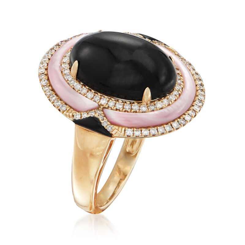 Black Onyx and .34 ct. t.w. Diamond Ring with Mother-of-Pearl in 14kt Yellow Gold image number 2