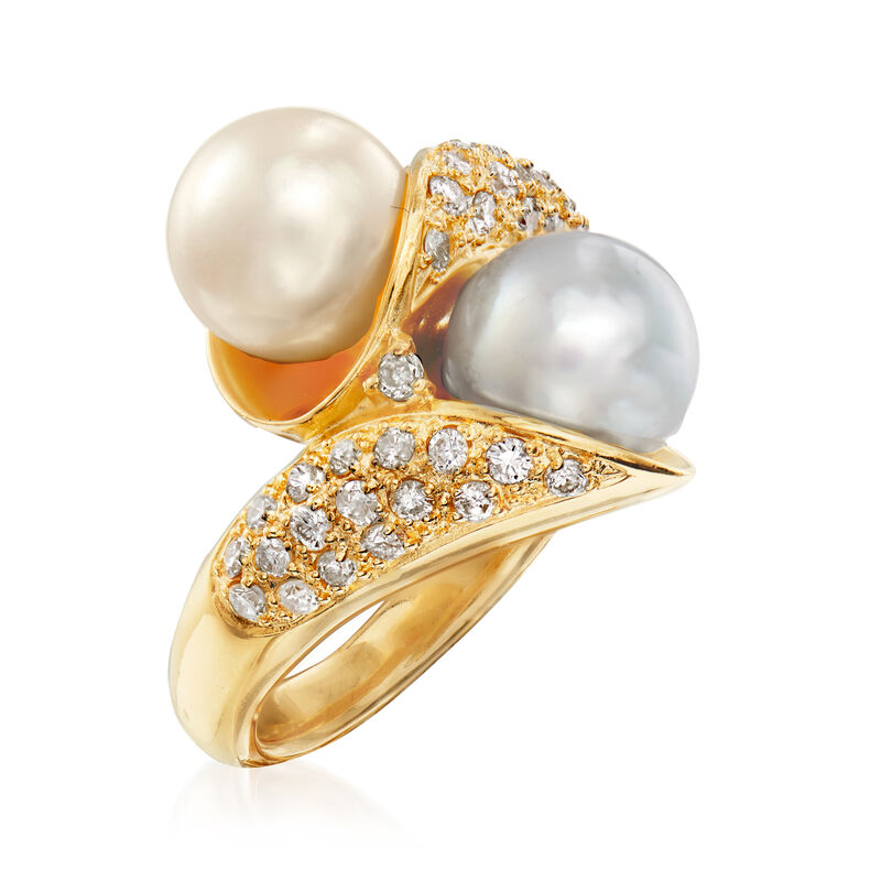 C. 1990 Vintage 8.5mm Cultured Pearl and .60 ct. t.w. Bypass Ring in 18kt Yellow Gold. Size 6 image number 2