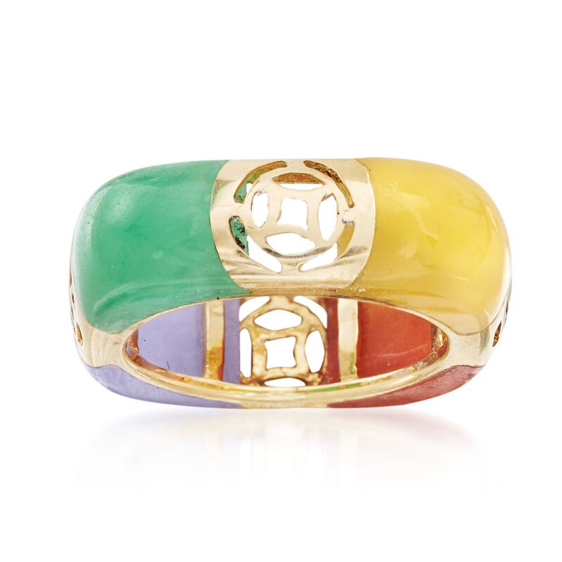 Multicolored Jade and Cutout Symbol Ring in 14kt Yellow Gold. Size 9 image number 3