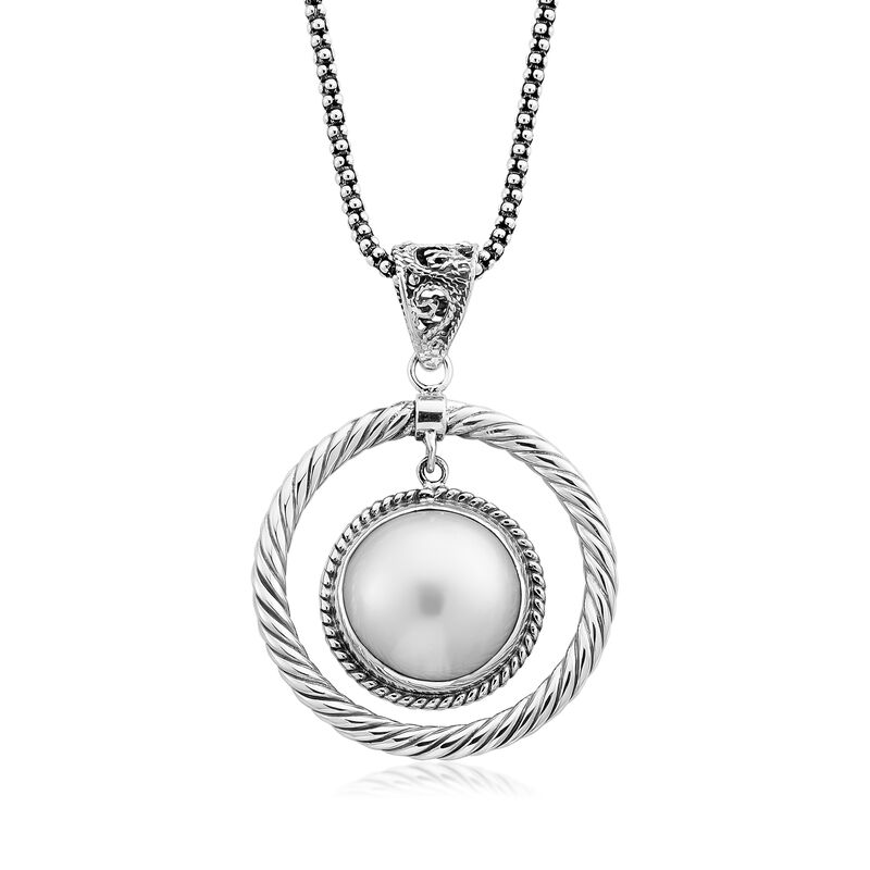 15mm Cultured Mabe Pearl Circle Pendant Necklace in Sterling Silver. 18&quot; image number 1